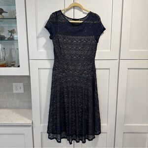 Sangría Womens blue Lace Dress nude liking whimsical short sleeve sequins sz 12